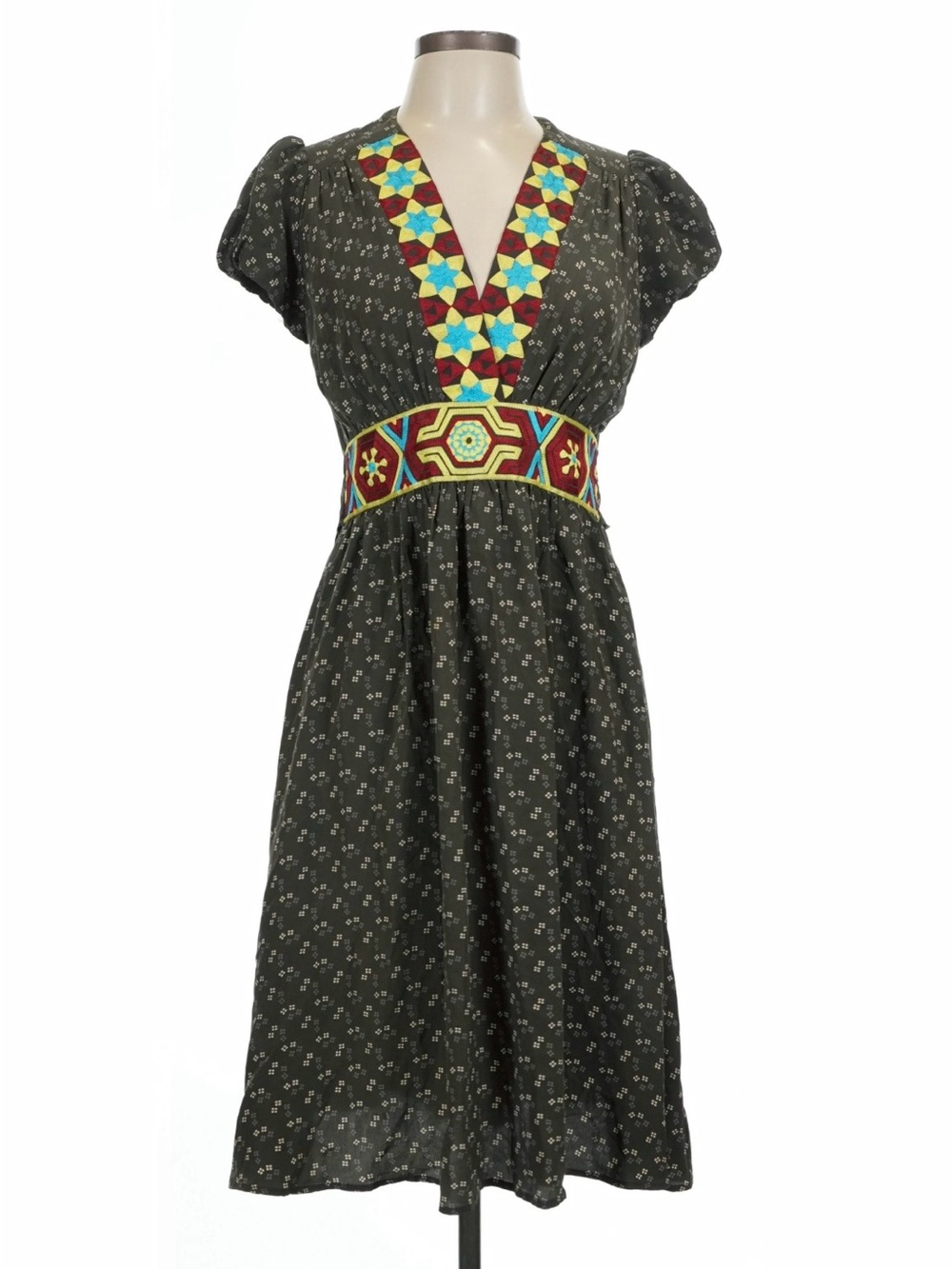 ANTHROPOLOGIE Corey Lynn Calter 100% Silk Dress Size 8 Boho Tribal Embroidered